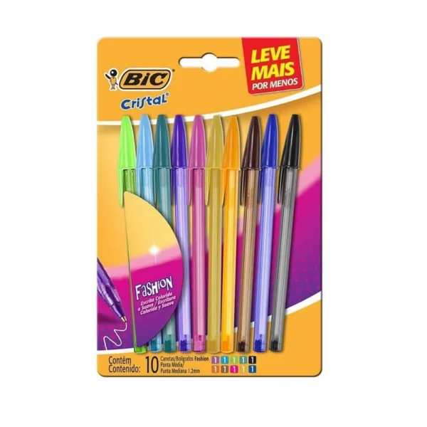 Caneta Esferográfica BIC Cristal Fashion 10 Cores Vivas Ponta Média de 1.2 mm Para Uma Escrita Divertida