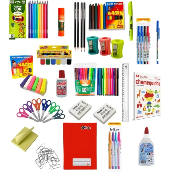 Material Escolar Barato Completo kit 32 Itens Lápis Giz Cola